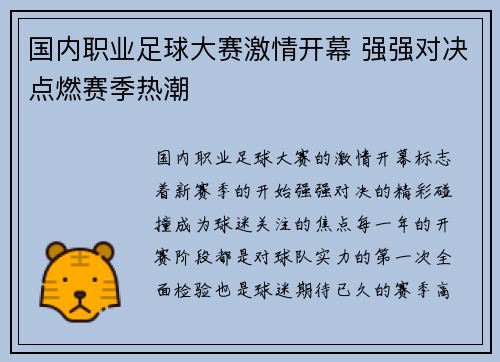 国内职业足球大赛激情开幕 强强对决点燃赛季热潮