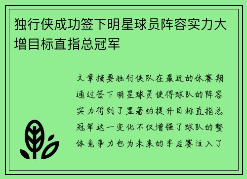 独行侠成功签下明星球员阵容实力大增目标直指总冠军
