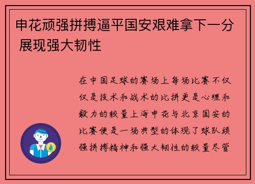 申花顽强拼搏逼平国安艰难拿下一分 展现强大韧性